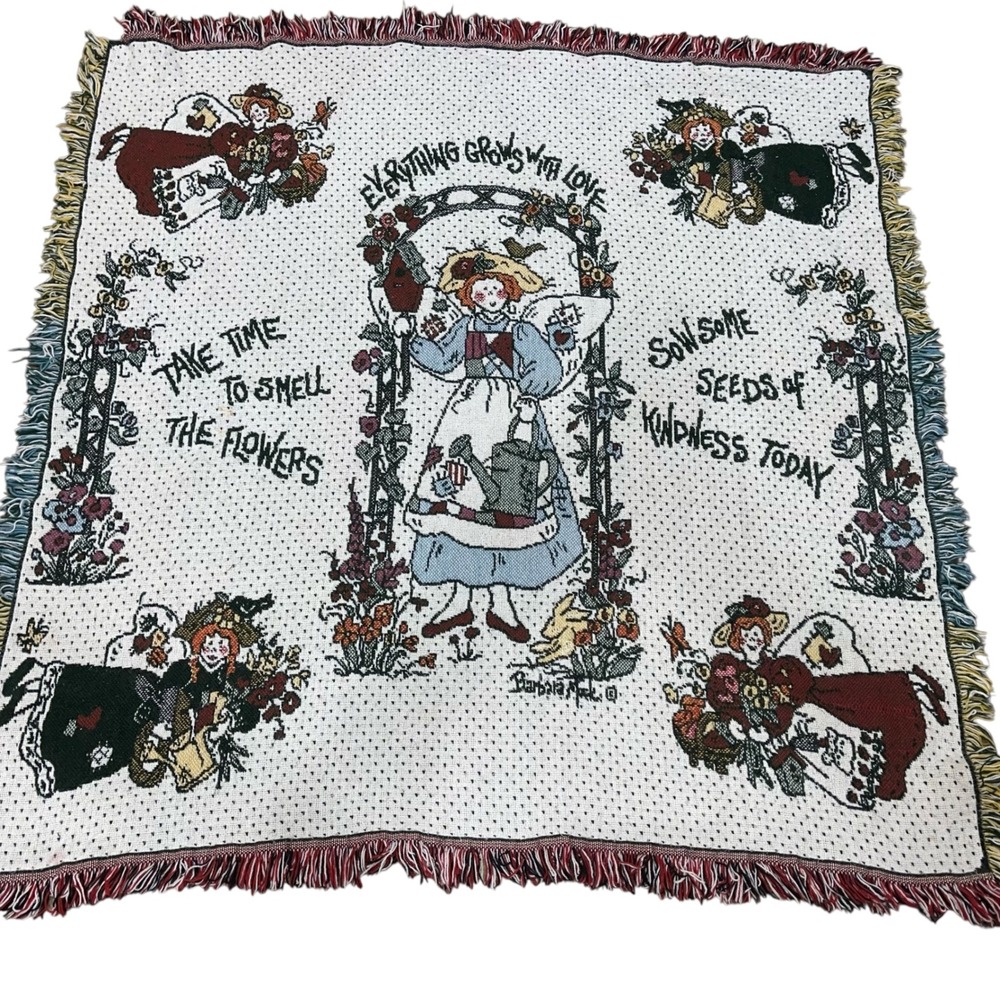 FLAW‎ Barbara Mack Vtg Blanket Throw Angels Garden Sow Seeds Farmhouse Cottage